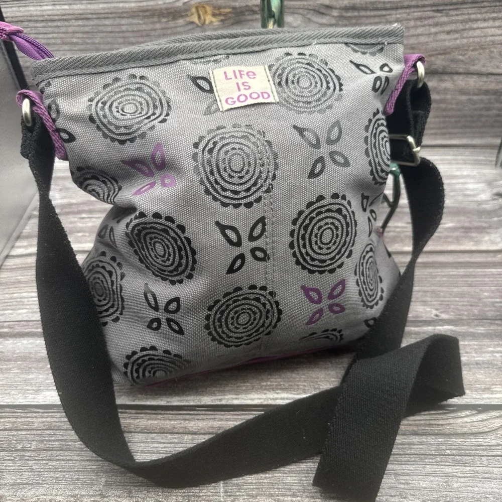 VTG Life Is Good GreyFloral Shoulder Bag Zip Top Adjustable Strap Lined Pockets